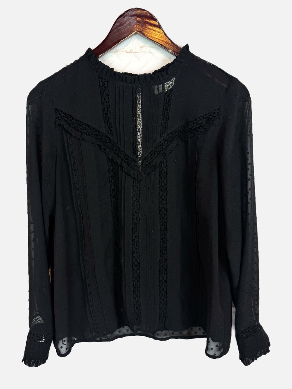 Sezane Black Lace Trim Long Sleeve Top, EU 38